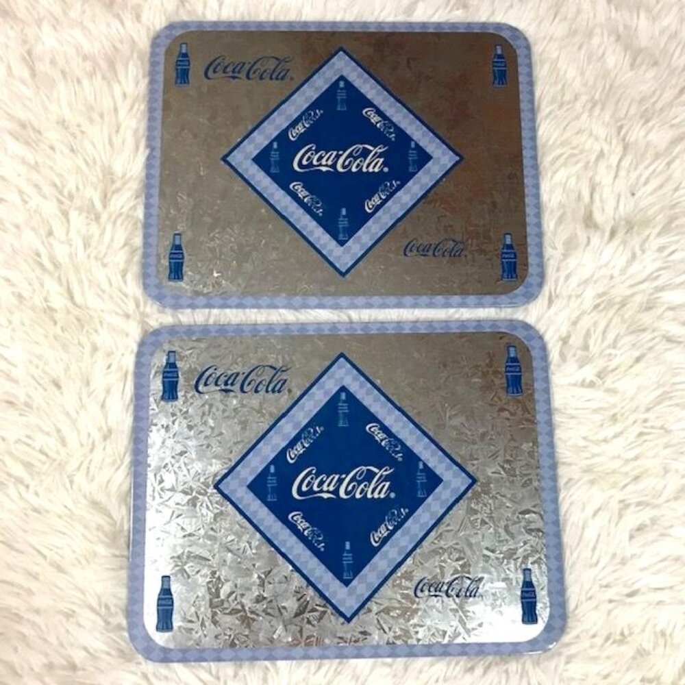 NWOT Set of 2 Vintage Coca-Cola Metallic Silver Blue Trivet Wall Plaque